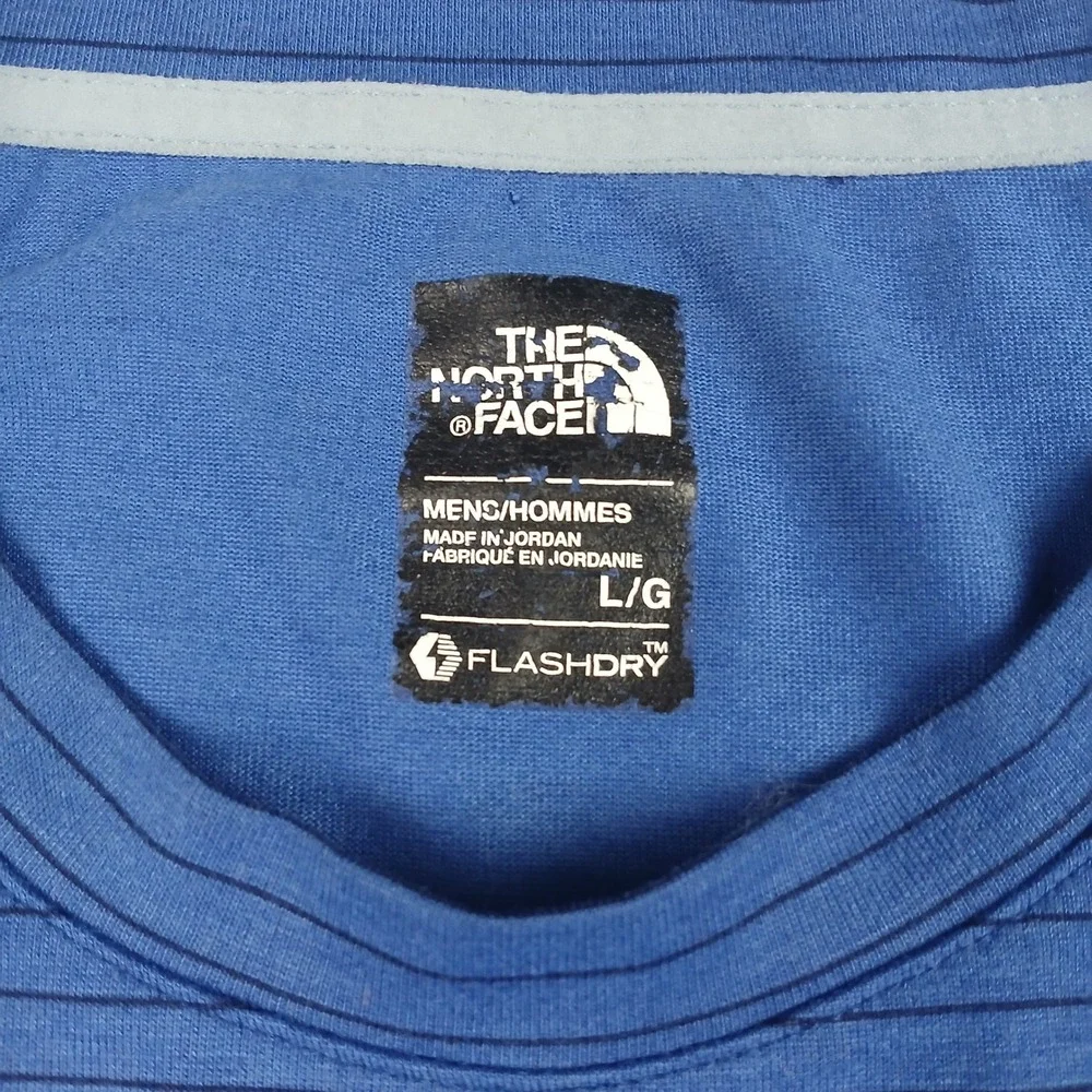 The North Face Shirt Mens Large Blue Striped FlashDry Hiking Active Short Sleeve